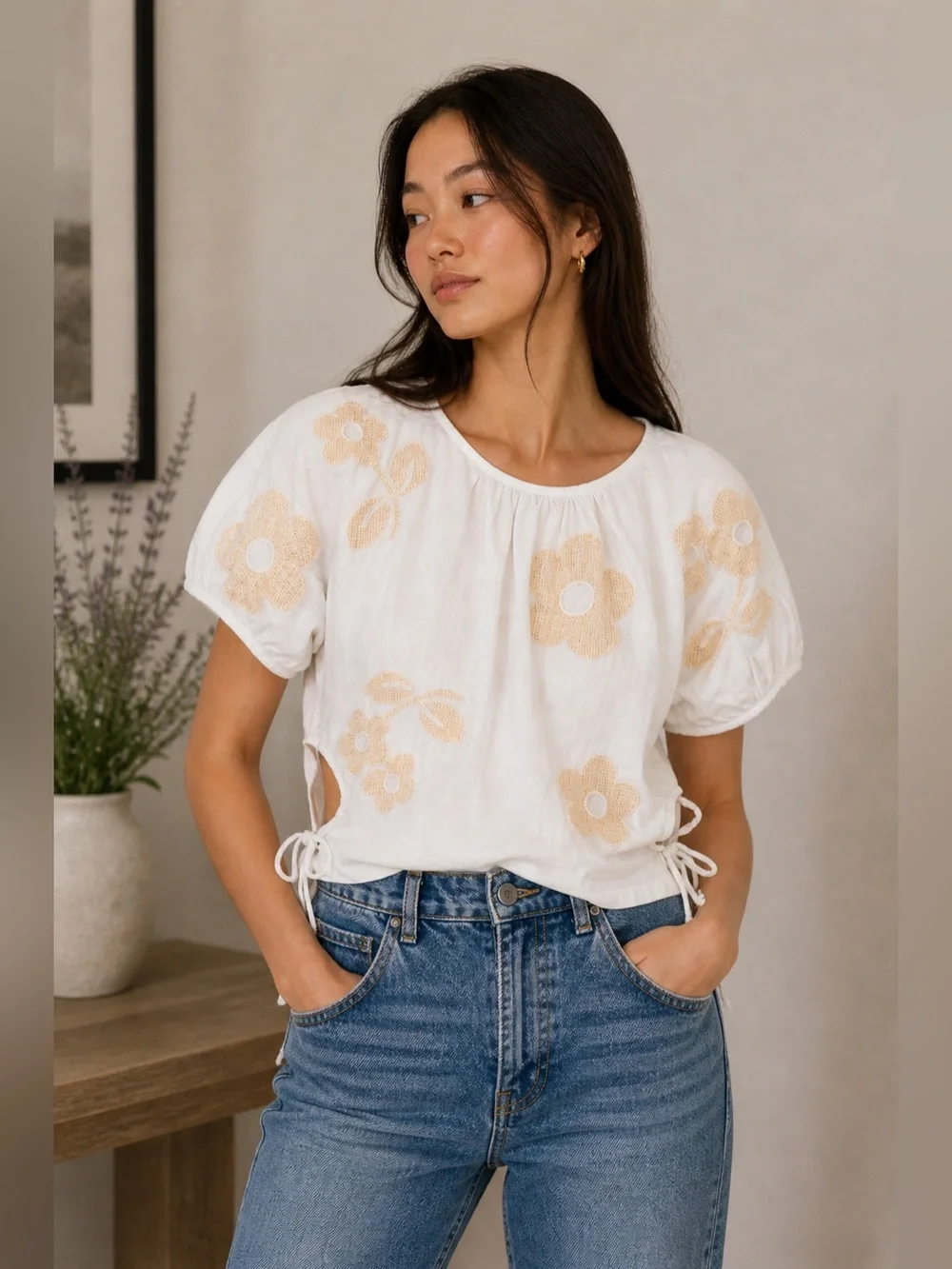Madewell White and Yellow Crop Blouse with Puff Sleeves and Tie Front